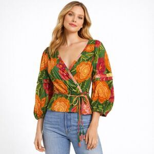 Farm Rio Anthropologie Floral Wrap Blouse Green Puff Sleeve Tie Top M Boho